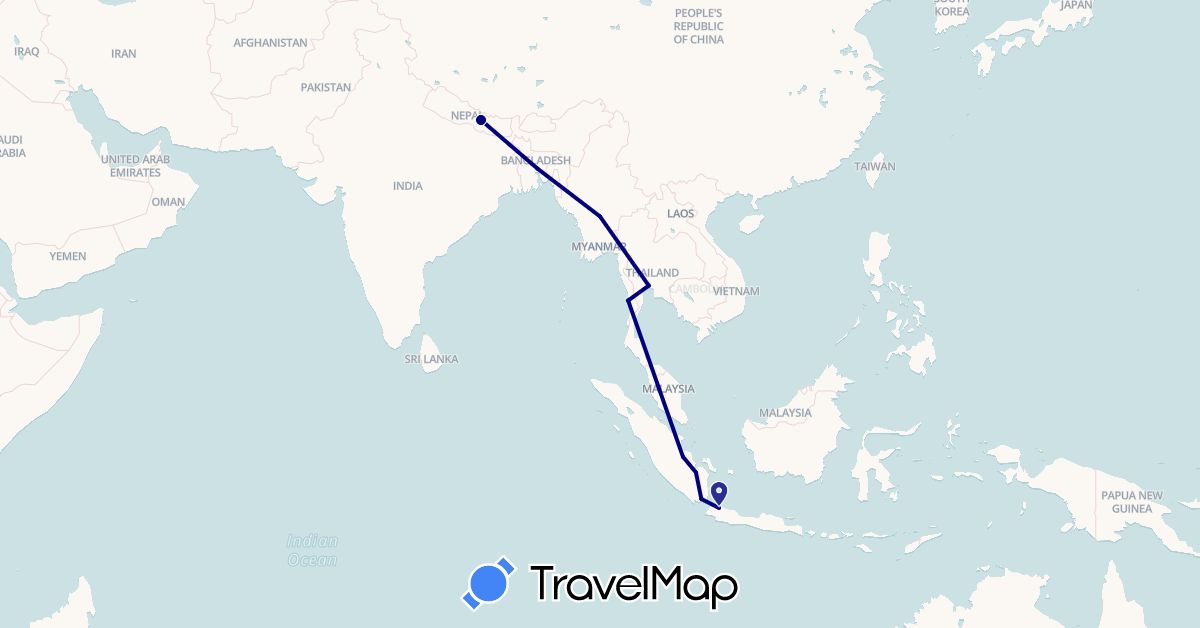 TravelMap itinerary: driving in Bangladesh, Indonesia, Myanmar (Burma), Nepal, Thailand (Asia)